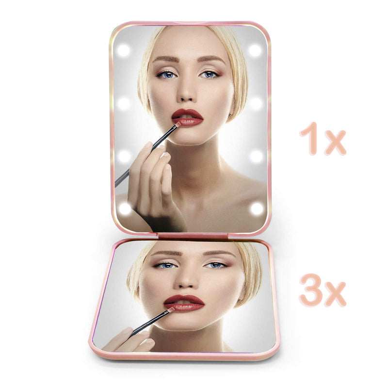 [Australia] - Kintion Pocket Mirror,1X/3X Magnification LED Compact Travel Makeup Mirror,Compact Mirror with Light,Purse Mirror ,Distortion Free,Portable,Folding,Handheld,Small Lighted Compact Mirror for Gift,Pink Pink 