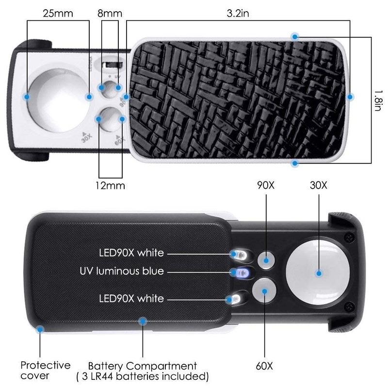 [Australia] - Jewelry Loupe Magnifier with UV LED Light, AFUNTA 30X 60X 90X Slide Out Pocket Magnifying Glass for Jewelry Diamonds Gems Coins Stamps Rocks Watches Hobbies Antiques Models Photos -Black Black 