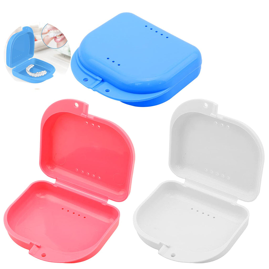 [Australia] - 3 PCS Retainer Case Box Container, Denture Box Mouth Guard Case Teeth Mouth Tray for Denture, Sport Mouth Guard, Brace, Splint (Pink & White & Blue) 