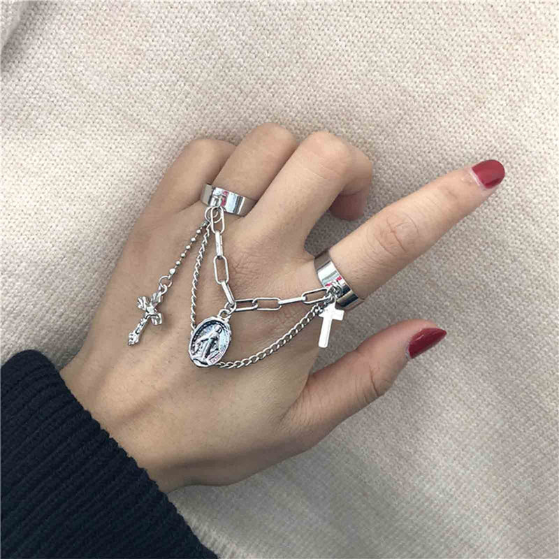 [Australia] - Yheakne Boho Chain Rings Silver Cross Link Chain Finger Ring Stackable Knuckle Rings Vintage Tassel Cuff Rings Gothic Statement Ring for Women and Girls (Style A) Style A 