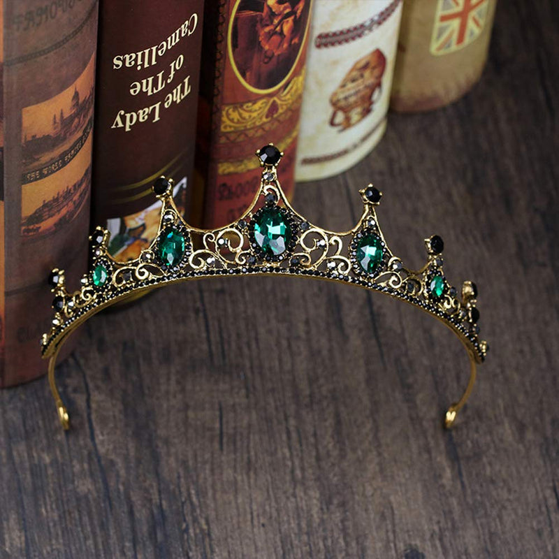 [Australia] - Lurrose Green Crystal Crown Golden Tiara with Black Rhinestone Decor Bridal Head Jewelry 