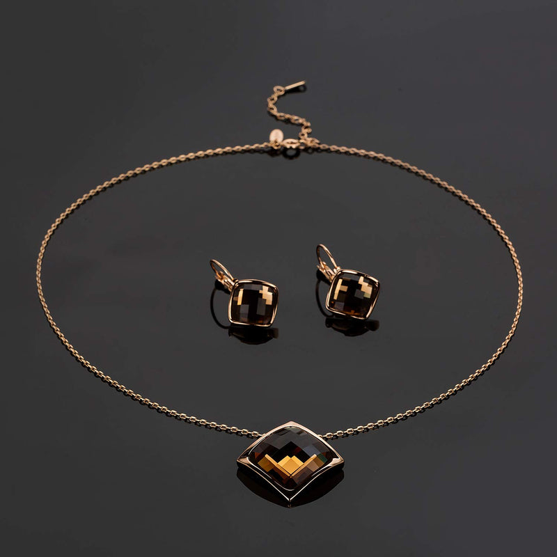 [Australia] - Square Austrian Crystal Necklace Earrings for Women Fashion 18K Gold Plated Hypoallergenic Jewelry Set Brown 