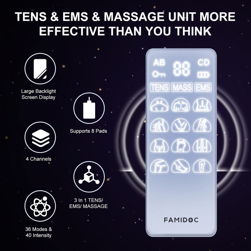 [Australia] - Famidoc TENS/EMS/Massage Units Muscle Stimulator with 4 Channels 36 Modes 40 Level Intensity for Shoulder Back Neck Arms Legs Pain Relief Therapy Electronic Pulse Massager Fdes113 