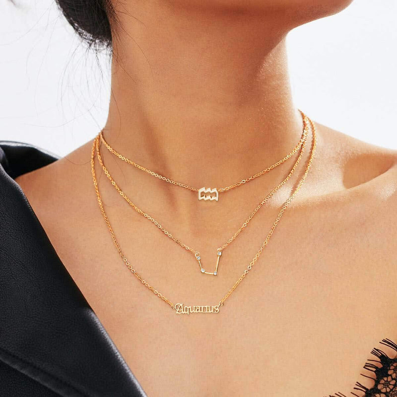 [Australia] - PANTIDE 3Pcs Constellation Zodiac Layer Necklaces for Women Girls, Retro Gold Plated 12 Constellation Pendant Necklace Exquisite Letter Horoscope Old English Zodiac Sign Necklace Jewelry Birthday Gift Aquarius 