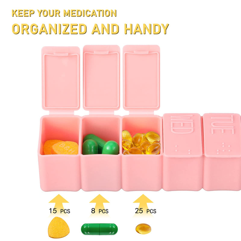[Australia] - shunbang yuan Pill Box 7 Days Pill Organiser,7 Grids Weekly Pill Cases with Braille Portable Plastic Storage Boxes Organizers,2pcs, Pink 