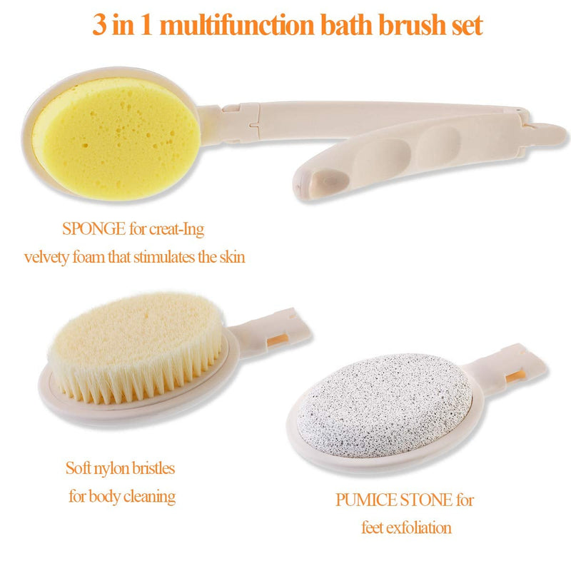 [Australia] - Bath Brush Body Brush 3 in 1 Long Handle Foldable Shower Brush Back Scrubber with Brush Sponge Pumice Head for Bath and Shower Dry Skin Exfoliating 