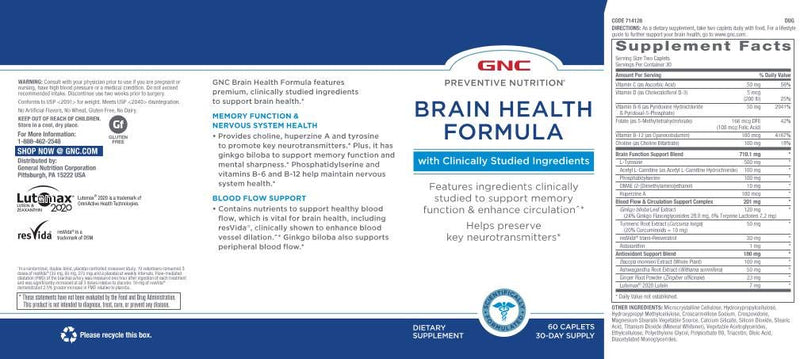 [Australia] - GNC Preventive Nutrition Brain Health Formula, 60 Caplets, Supports Memory Function and Enhances Circulation 