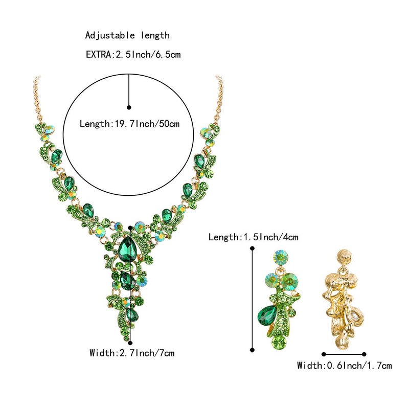 [Australia] - BriLove Women's Wedding Bridal Crystal Leaf Vine Teardrop Hollow Statement Necklace Dangle Earrings Set Emerald Color Gold-tone 