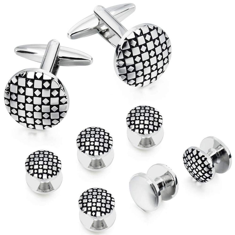 [Australia] - HAWSON Cufflinks and Studs for Men-Flower Pattern Men Fashion Tuxedo Shirt Silver Cufflinks and Studs Set for Regular Weeding Business Accessories 40166 