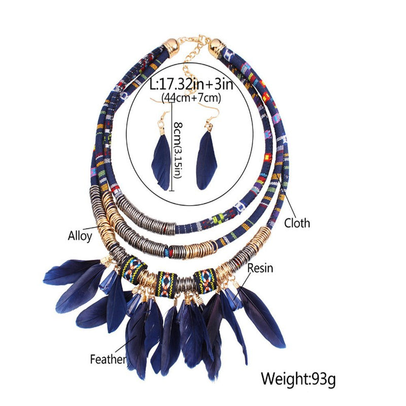 [Australia] - XY Fancy Feather Pendant Multi Layers Tribal Bib Necklace Statement Earring Jewelry Set Red 