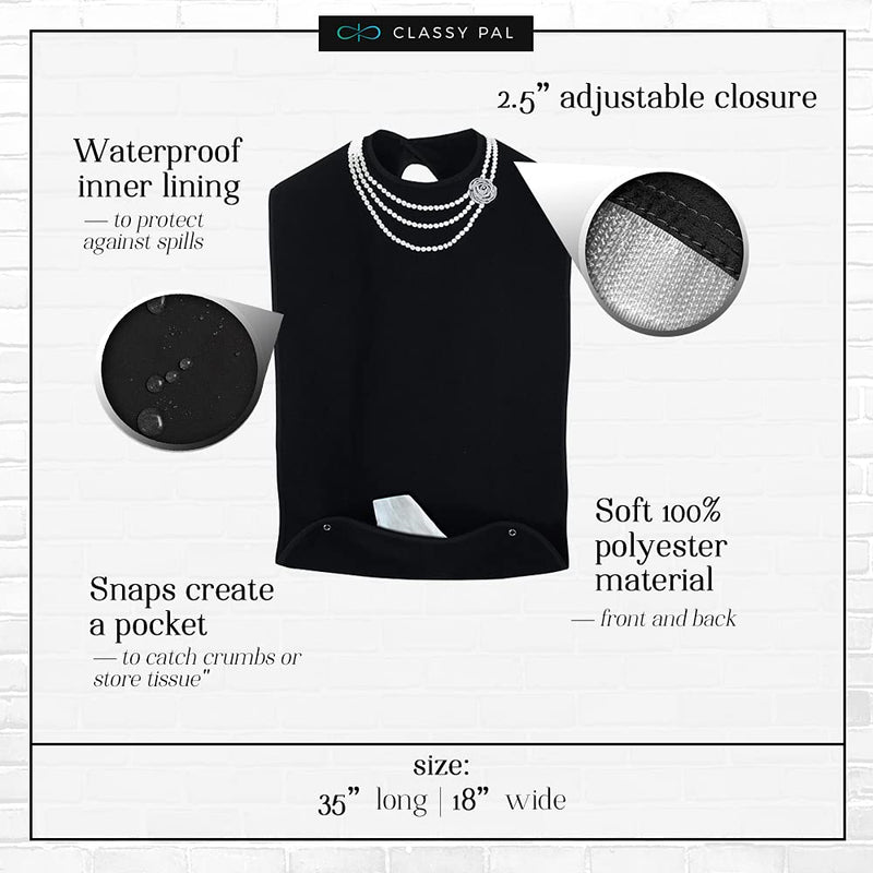 [Australia] - Classy Pal, Adult Bibs for Women Washable, Dress ‘n Dine™ Clothing Protectors for Eating, Senior Adult Bib Terry Cloth Crumb Catcher, Embroidered Design, Waterproof & Reusable (Pearl Necklace) Pearl Necklace 