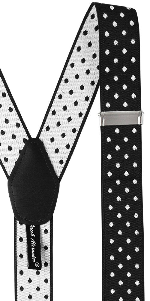 [Australia] - Jacob Alexander Men's Large Dots Y-Back Suspenders Braces Convertible Leather Ends Clips Black White 