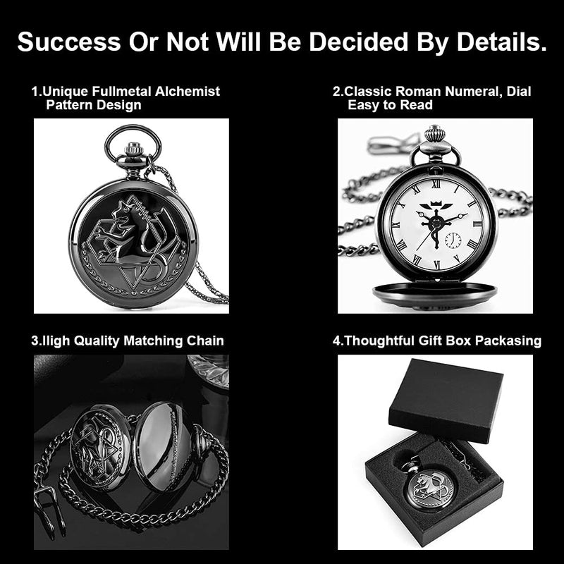 [Australia] - Fullmetal Alchemist Pocket Watch with Chain for Cosplay Accessories Anime Men Brotherhood Watch FMA-Black 