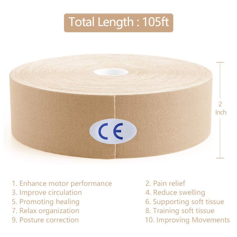 [Australia] - AUPCON Kinesiology Tape Elastic Kinesiology Therapeutic Athletic Tape Hypoallergenic Breathable Cotton Sports Muscle Tape Therapy Recovery Support for Knee Shoulder Ankle Elbow Shin Neck Splints 32m-beige-uncut 
