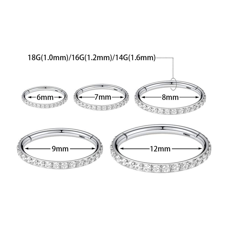 [Australia] - PEAKLINK 18G 16G 14G G23 Titanium CZ Seamless Hinged Segment Clicker Ring Septum Nose Ring Daith Conch Helix Tragus Piercing Jewelry Piercing Silver-Clear CZ 14G-8mm 