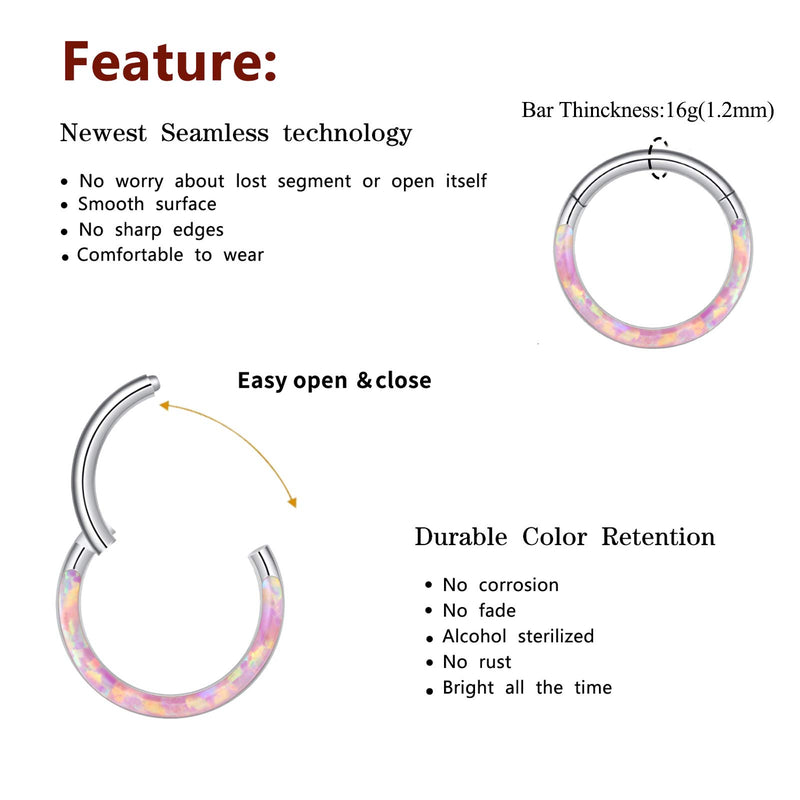 [Australia] - CICIMOTO Opal CZ Nose Ring Septum Hoop, 16G Surgical Steel Cartilage Earring Hoop Hinged Segment Ring Septum Clicker Daith Helix Tragus Conch Piercing Jewelry A-Opal&Pink 10mm(3/8'') 