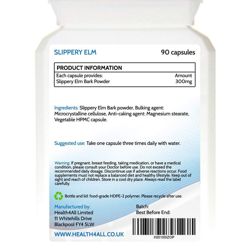 [Australia] - Slippery Elm 300mg 90 Capsules (V) Digestive Health. Acid Reflux Support. Vegan. Made in The UK by Health4All 90 Count (Pack of 1) 