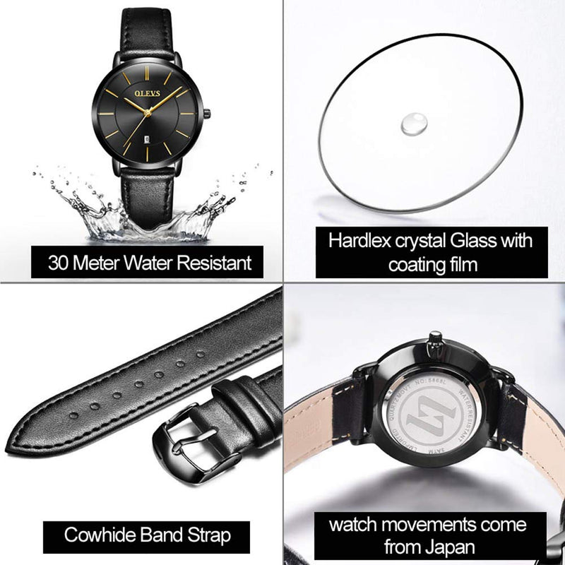 [Australia] - OLEVS Women Wrist Watches Ultra Thin 6.5mm Minimalist Dress Fashion Japanese Quartz Waterproof Date Day Leather Strap Slim Watches for Ladies Black Leather&Black Dial 