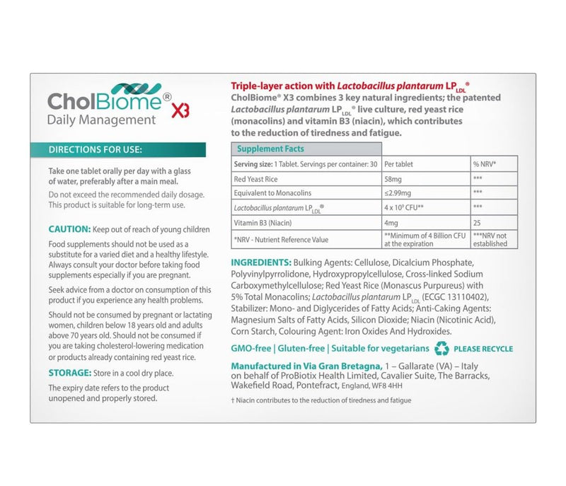 [Australia] - CholBiome�X3 Tablets - 30 Tabs, 4 Billion CFU Live Probiotic Bacteria Supplement - Vitamin B3, LPLDL - Helps to Improve Heart Health and Reduce Cholesterol Levels Regular 