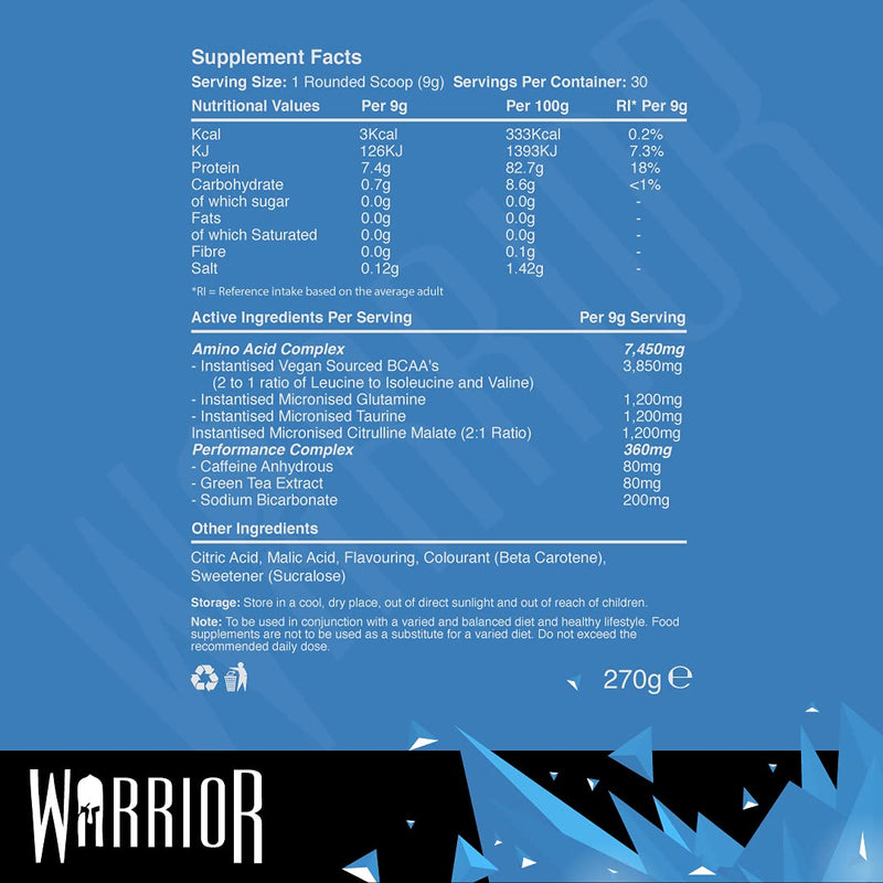 [Australia] - Warrior Supplements Amino Blast BCAA Powder Amino Acids 270g - Blue Raspberry 30 Servings 