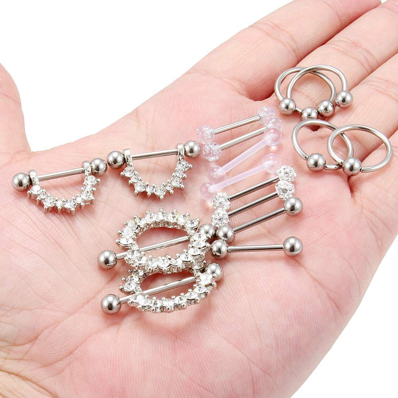 [Australia] - Cisyozi 8 Pairs 16G 14G Stainless Steel Screw Nipple Tongue Shield Ring Barbell Body Piercing Jewelry Retainer 9/16 Inch 14mm A:14G(1.6MM)-8Pairs - Silver 