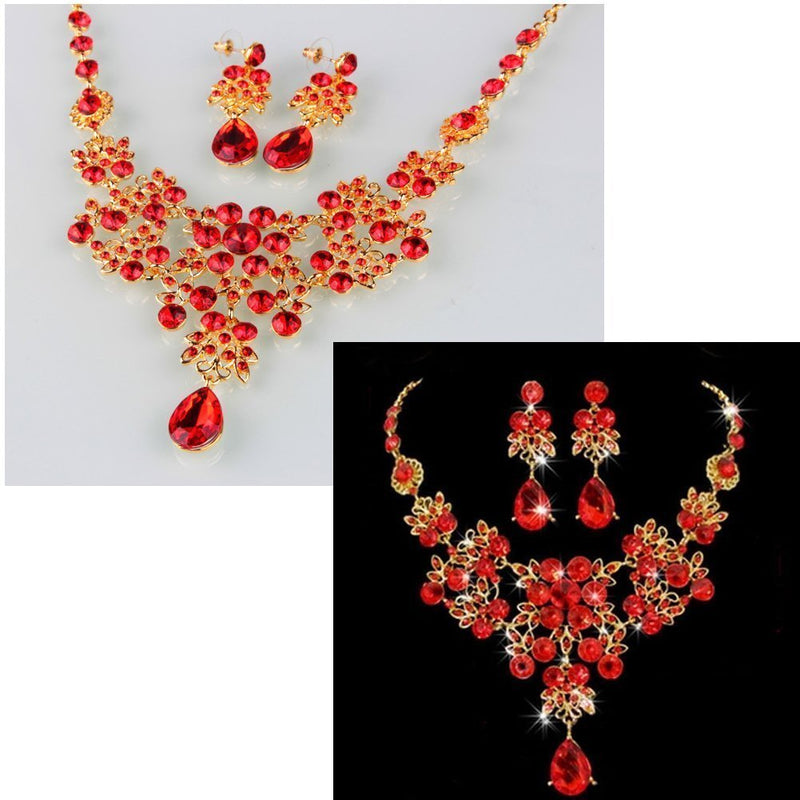 [Australia] - Dxhycc Silver Red Alloy Rhinestone Earrings Crystal Pendant Necklace Bridal Jewelry Set (Red) 