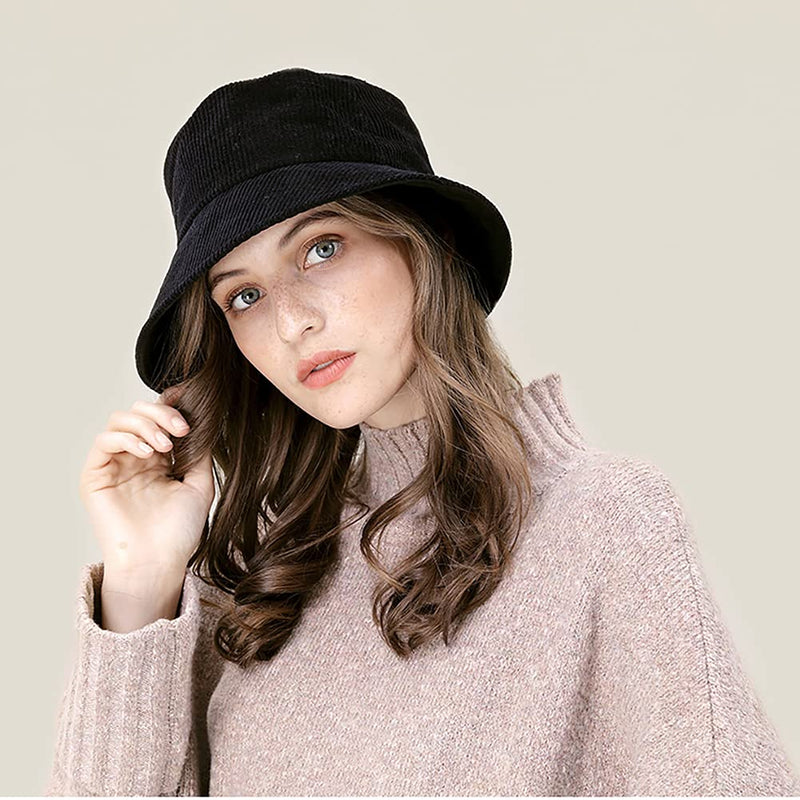 [Australia] - XYIYI Cute Wool Bucket Hat Winter Warm Fisherman Hats for Women Black 