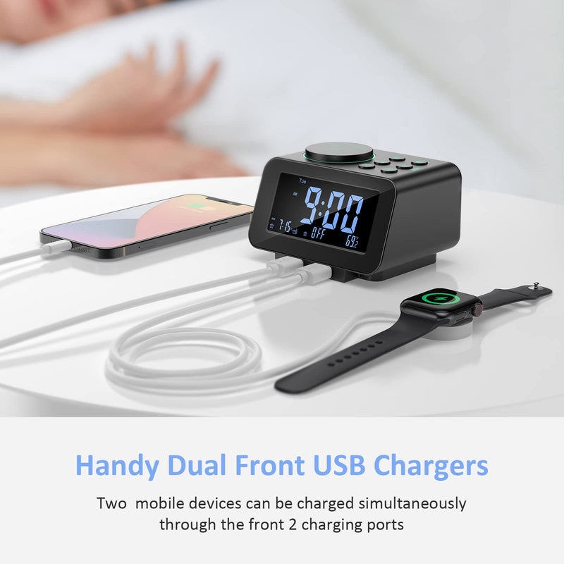 [Australia] - USCCE Digital Alarm Clock Radio - 0-100% Dimmer, Dual Alarm with Weekday/Weekend Mode, 6 Sounds Adjustable Volume, FM Radio w/ Sleep Timer, Snooze, 2 USB Charging Ports, Thermometer, Battery Backup Black 