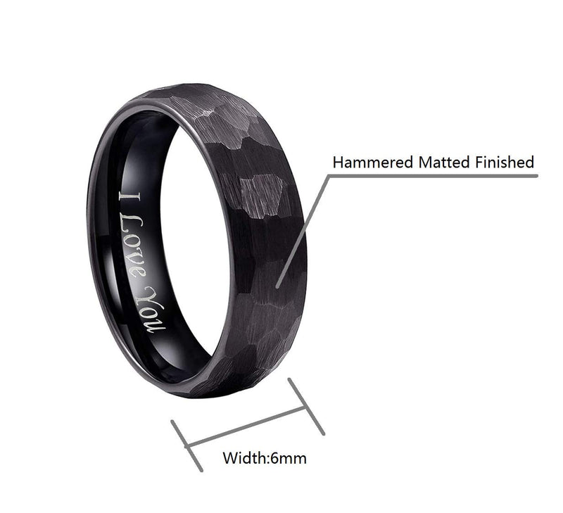 [Australia] - Crownal 6mm 8mm Black Hammered Tungsten Wedding Couple Bands Rings Men Women Matte Hammer Brushed Finish Engraved "I Love You" Size 5 To 17 Black Hammered 6mm 