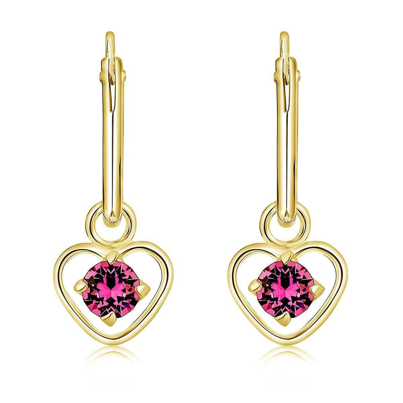 [Australia] - DTPsilver® 925 Sterling Silver Yellow Gold Plated SMALL Hoops Earrings & Dangling Heart with 3 mm Crystals from Swarovski® Elements - Thickness 1.2 mm - Diameter: 12 mm - Many Colours to choose from Rrose 