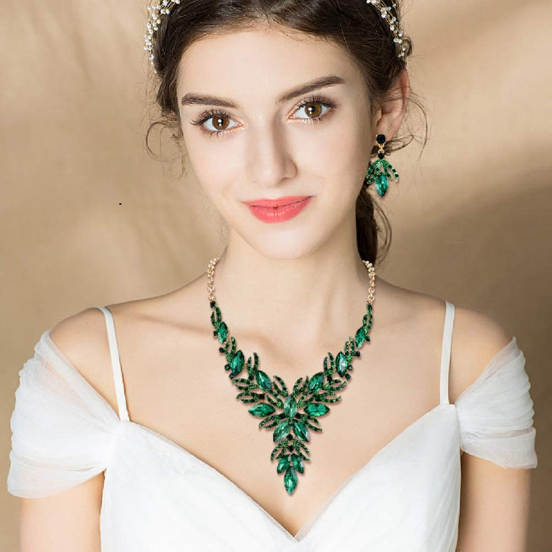 [Australia] - Flyonce Women's Crystal Wedding Flower Leaf Fligree Y-Shape Necklace Earrings Set Green Gold-Tone 