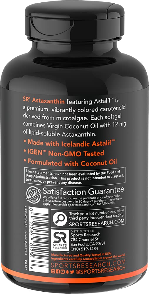 [Australia] - Sports Research Triple Strength Astaxanthin Supplement from Algae w/ Organic Coconut Oil - Natural Support for Skin & Eye Health - Non-GMO & Gluten Free - 12mg, 60 Softgels for Adults - 2 Month Supply 60 Count (Pack of 1) 