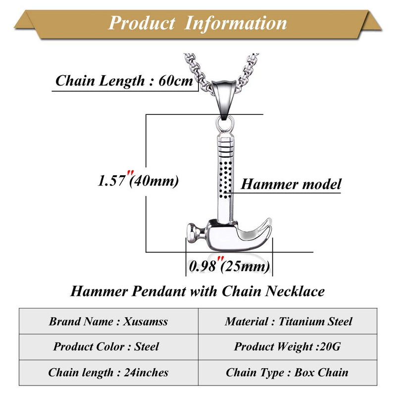 [Australia] - Xusamss Punk Titanium Steel Tool Hammer Pendant Necklace,24inches Link Chain 316L Steel Hammer 