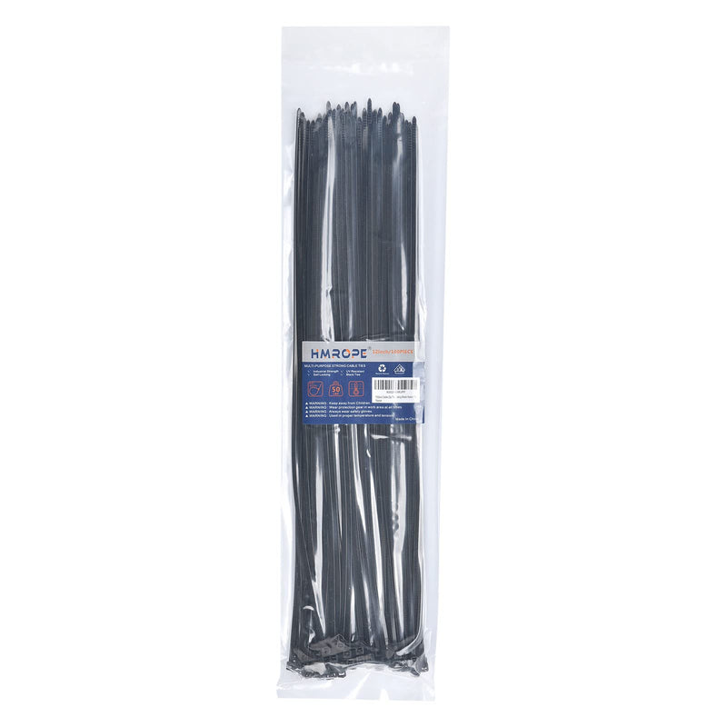 [Australia] - HMROPE 100pcs Cable Zip Ties Heavy Duty 12 Inch, Premium Plastic Wire Ties with 50 Pounds Tensile Strength, Self-Locking Black Nylon Zip Ties for Indoor and Outdoor 
