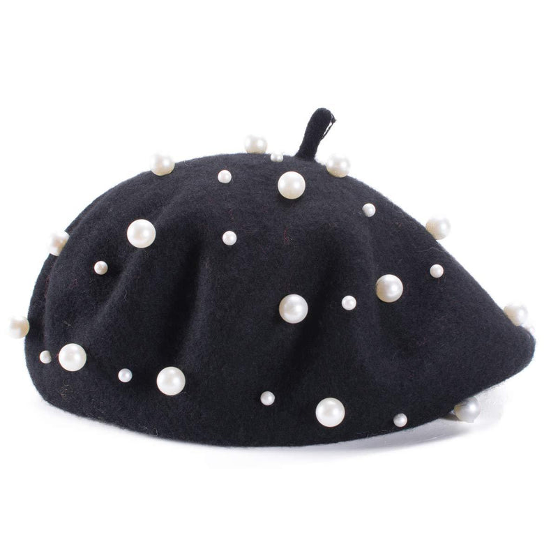 [Australia] - Lawliet Sweet French Womens Pearl Beaded 100% Wool Beret Cap Winter Hat Y91 Black 