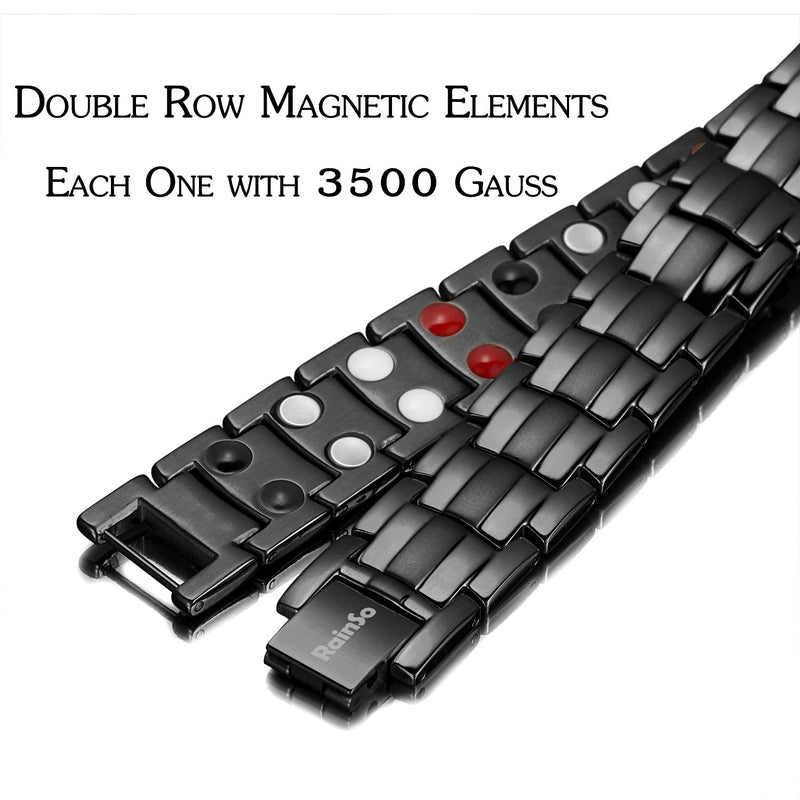 [Australia] - RainSo Mens Black Titanium Steel Magnetic Bracelet with 3500 Gauss 4 Element Double Strength Magnets Wristband Magnetic Bracelets 