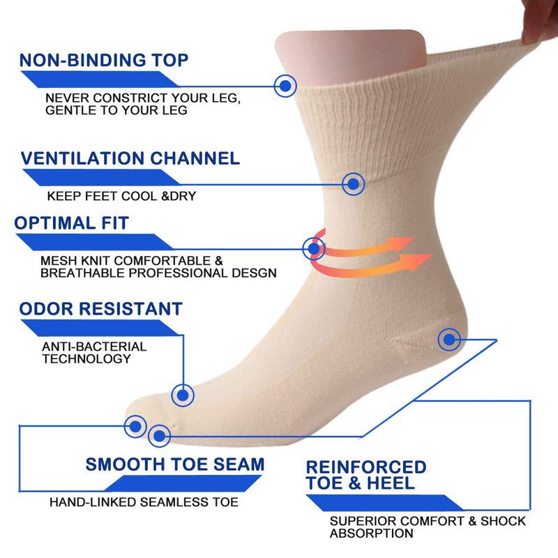 [Australia] - Facool Diabetic Socks for Men Women, Dress Cushioned Crew Cotton Socks with Non-Binding,Loose Top,Seamless Toe 6 Pairs 6 X Beige X-Large 