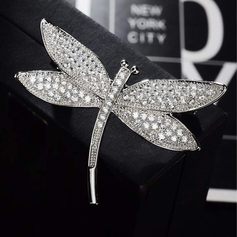 [Australia] - White Gold Plated Brooch Pins Pendant with Cubic Zirconia for Women Lady Girls Dragonfly Shaped 