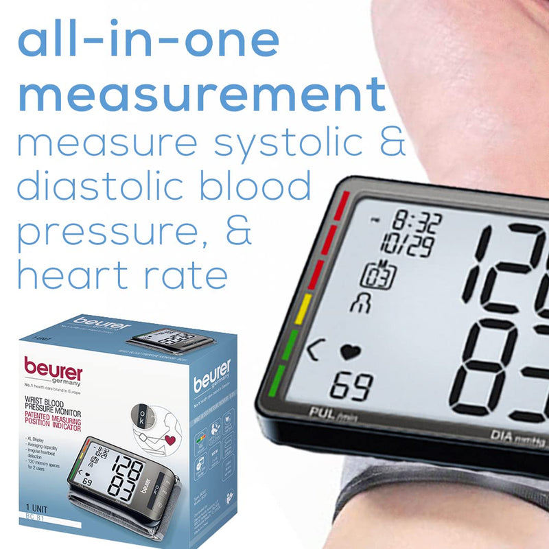 [Australia] - Beurer BC81 Wrist Blood Pressure Monitor – XL Display, Arrhythmia Detection, 120 Memory Sets – XL Blood Pressure Cuff Wrist for Home Use, Automatic Blood Pressure Machine with Storage Case, Batteries 