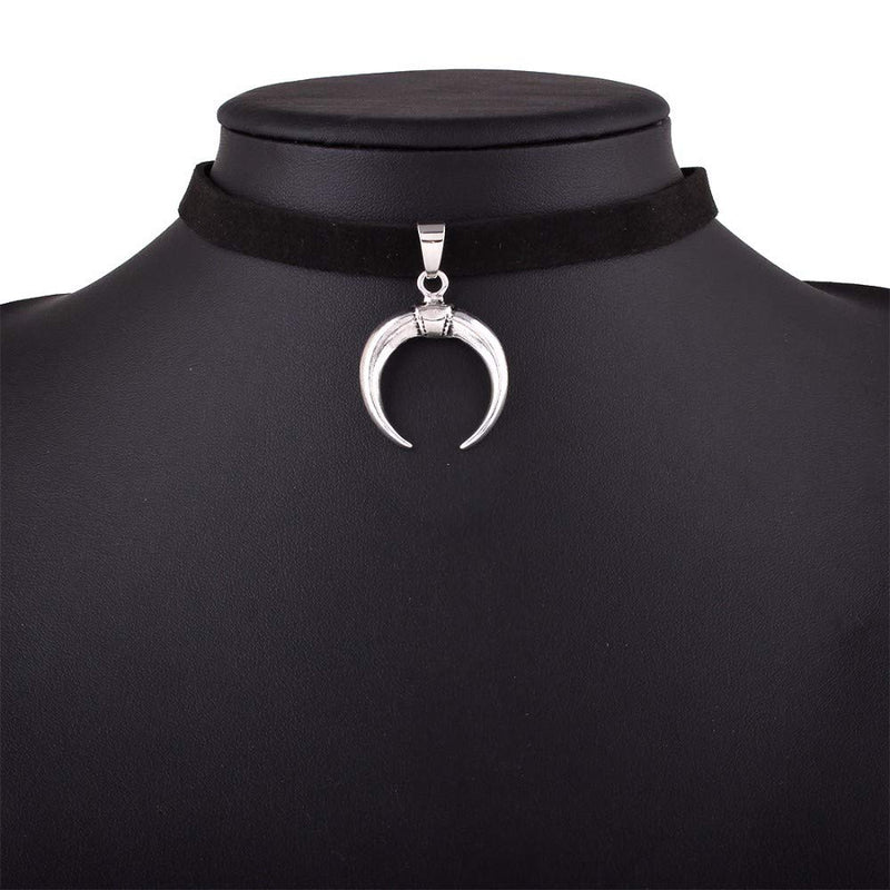 [Australia] - STACKABLE CREATIONS Crescent Moon Choker Necklace with Black Suede Velvet Leather Ribbon Band | Upside Down Half Moon Horn Silver Charm Metal Pendant 