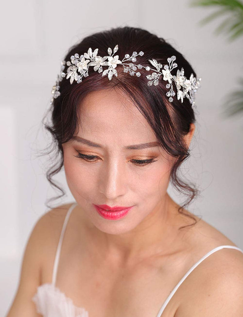 [Australia] - Deniferymakeup Silver Hair Piece Flower Hair Vine Bridal Floral Hair Piece Flower and Leaf Headband Rhinestones Wedding Hair Accessories for Brides 