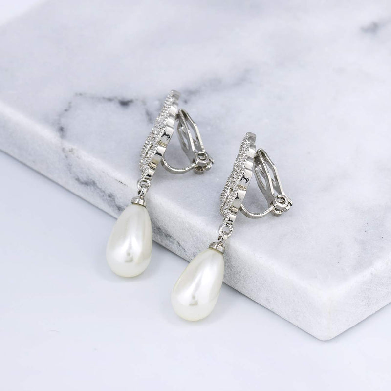 [Australia] - QUKE Women Silver Tone Cubic Zirconia Crystal Simulated Pearl Dangle Bridal Earring Lady Wedding Jewellery Clip on 