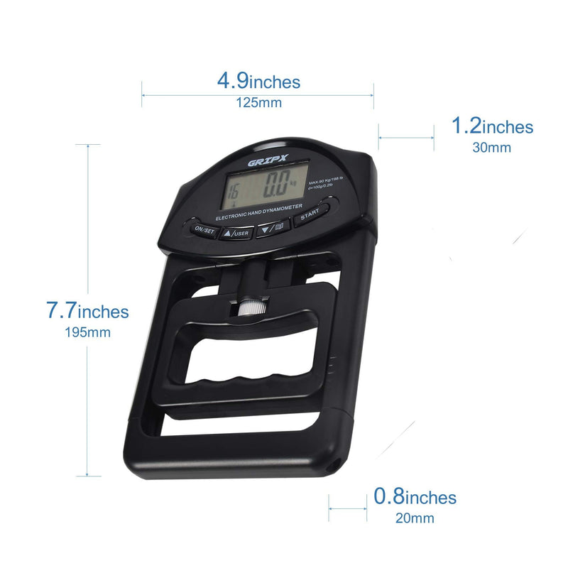 [Australia] - GRIPX Digital Hand Dynamometer Grip Strength Measurement Meter Auto Capturing Electronic Hand Grip Power 198Lbs / 90Kgs Black 