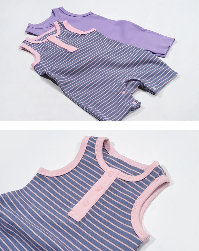 [Australia] - Baby Boys Girls 2 Pack Sleeveless Romper Cotton Stripes Pure Color Tank Jumpsuit 3-24 Months Grey+blue 3-6 Months 