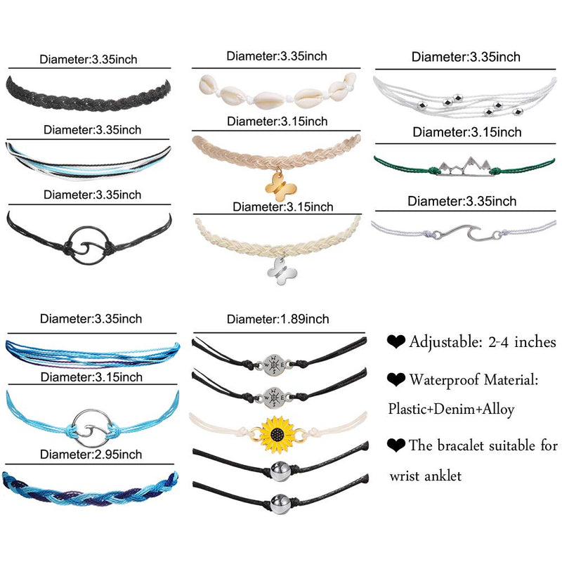 [Australia] - YEEZII 17 Pieces Braided Rope Bracelets Set Beach Waterproof Adjustable Friendship Shell Sunflower Anklet Bracelet for Women/Girls/Kids Outdoor Surfing 