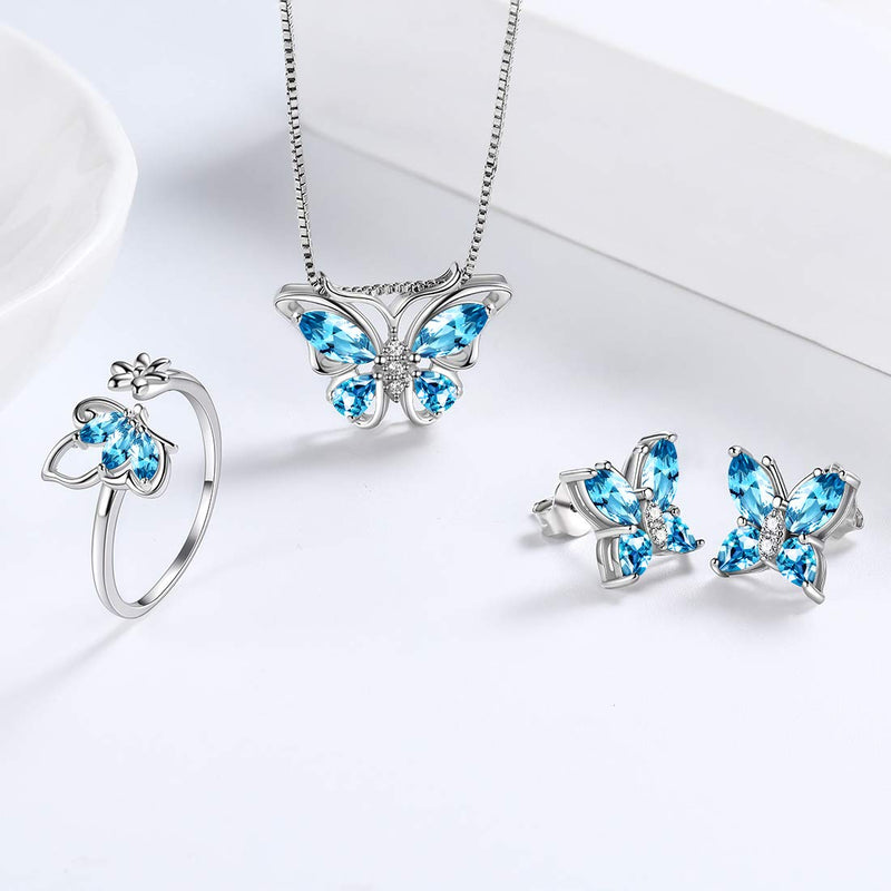 [Australia] - Aurora Tears Butterfly Jewelry Women 925 Sterling Silver Butterflies Necklace/Earrings/Rings Wedding Gift C.Blue-Aquamarine necklace/earrings/ring/sets 