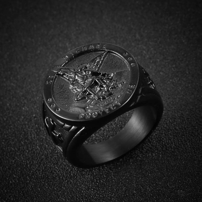 [Australia] - HZMAN St. Michael San Miguel The Great Protector Archangel Defeating Satan Figurine Stainless Steel Amulet Ring Black 7 