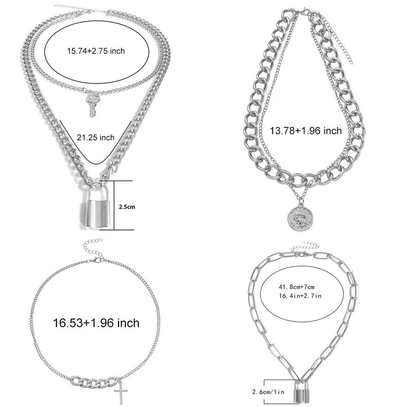 [Australia] - 4 Piece Lock Chain Necklace Set Multilayer Silver Cross Lock Key Pendants Necklaces Set for Egirl Eboy Statement Punk Chain Choker Silver (Style 1) 