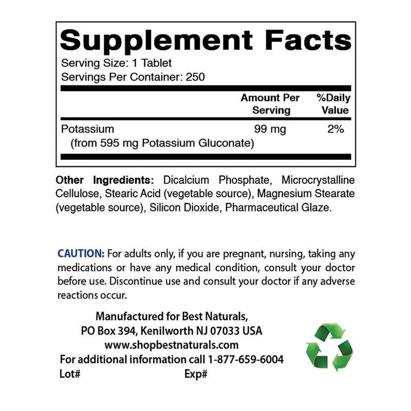 [Australia] - Best Naturals Potassium Gluconate 595 mg 250 Tablets (250 Count (Pack of 1)) 250 Count (Pack of 1) 