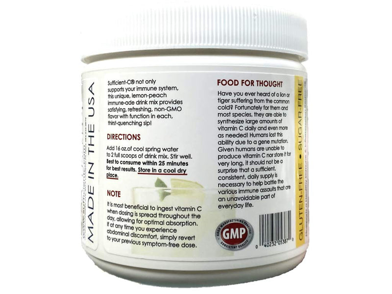 [Australia] - Sufficient-C high-dosed 4000 mg. Non-GMO Vitamin C - Lemon Peach Immune-Ade Drink Mix 250 Gram size - healthy, refreshing hydration with generous dosing of l-lysine, bromelain and a 96% pure, caffeine-free green tea extract, ionophore, thyroid, fatigue... 
